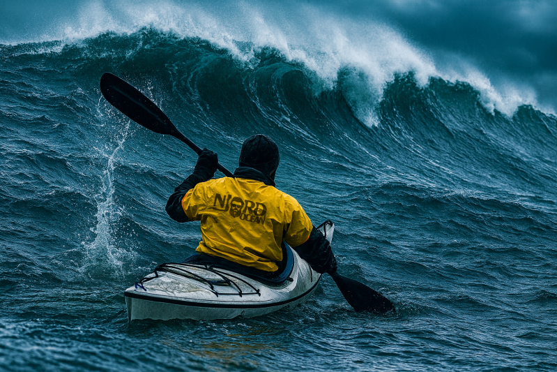 Kajakfahrer im Trockenanzug bei Wellengang – Platzhalterbild