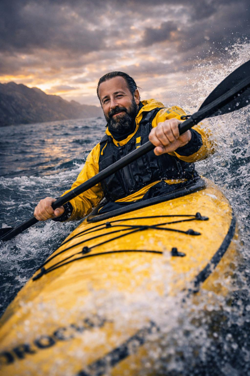 Wassersportler im Trockenanzug am Ufer – Platzhalterbild